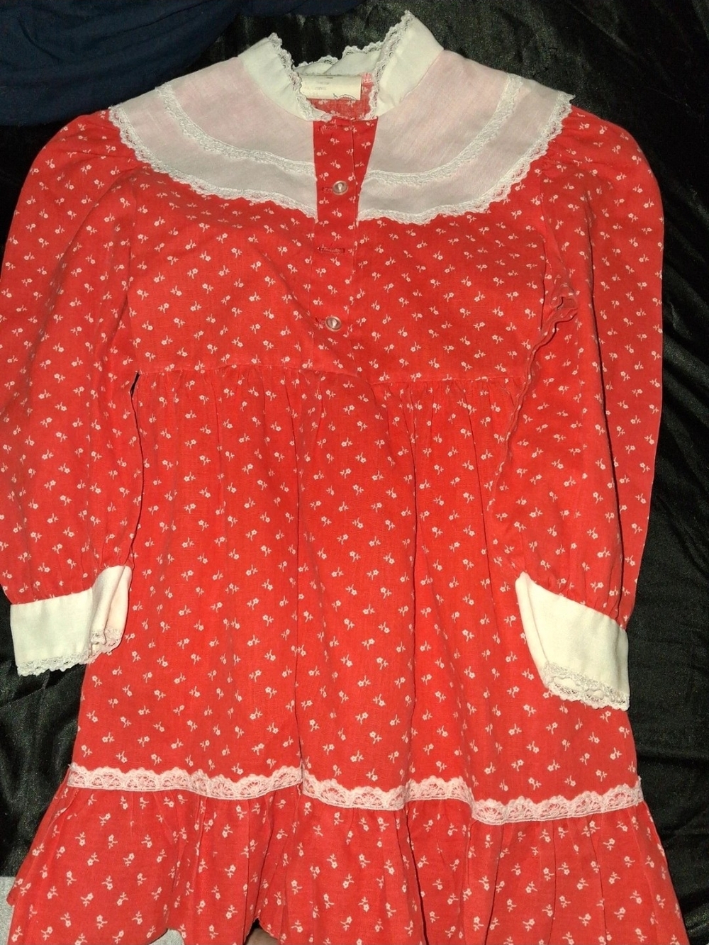 Vintage Girls' Red Floral Lace-Trimmed Long Sleeve Dress